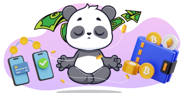 A cartoon panda meditates, surrounded by symbols of wealth and financial transactions, including money, coins, credit cards, smartphones, and a cryptocurrency wallet.