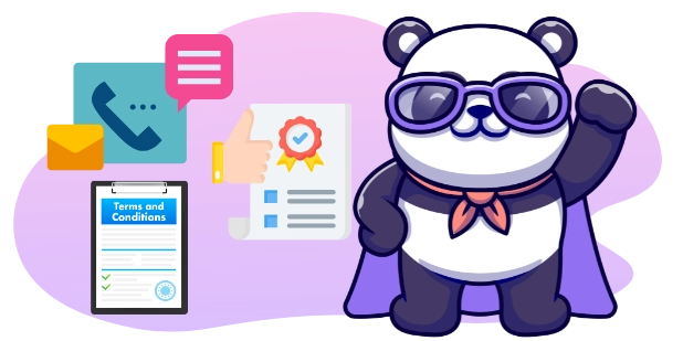 A superhero panda cartoon character with sunglasses waves, standing next to symbols of customer support like a phone, email, and a thumbs-up, with a "Terms and Conditions" document in the background.