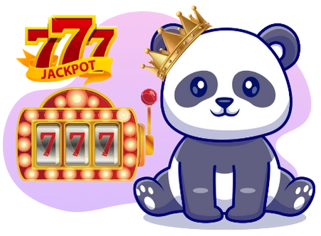 A cartoon panda wearing a crown sits next to a slot machine displaying 