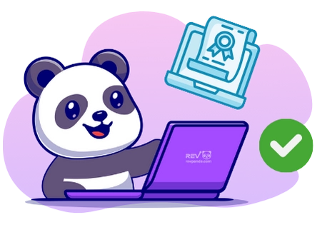 A smiling panda cartoon character is sitting at a laptop with a document and a checkmark floating nearby.