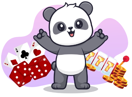 A happy panda cartoon character celebrates with playing cards, dice, and a slot machine with three sevens.