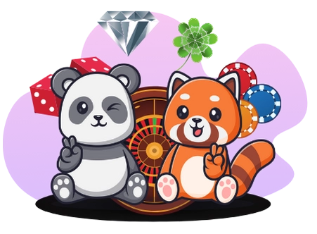 A panda and a red panda cartoon character sit together in front of a roulette wheel, surrounded by casino symbols like dice, chips, a diamond, and a four-leaf clover.