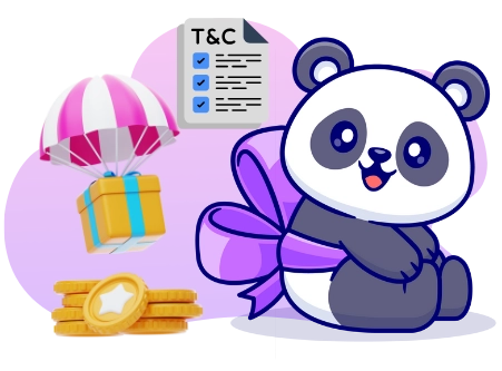 A smiling panda cartoon character with a purple bow sits next to a stack of coins, a gift box parachuting down, and a document labeled "T&C".