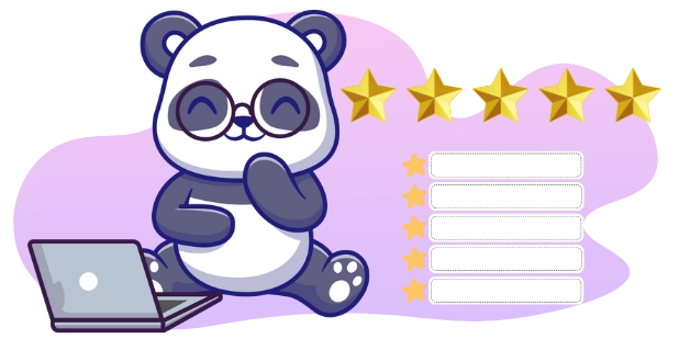 A cartoon panda wearing glasses smiles while sitting on a laptop, surrounded by five gold stars and three more with empty text boxes.