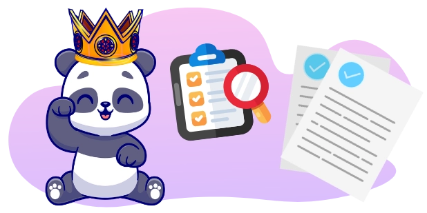 A panda wearing a crown, next to a clipboard with a checklist, a magnifying glass, and two sheets of paper.