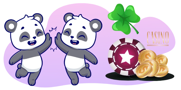 Two cute pandas high-fiving, with a four-leaf clover, a casino chip with a star, and coins, suggesting good luck and winnings at the casino.