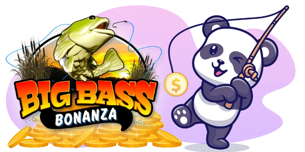 A cartoon panda fishes for a dollar coin, with the Big Bass Bonanza logo and a jumping bass fish in the background.