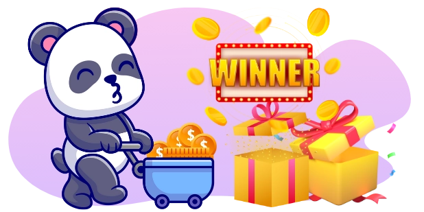 A cartoon panda pushes a cart filled with coins, with a "WINNER" sign and a gift box with confetti spilling out in the background.