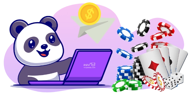 A cartoon panda sits at a laptop with a flying coin, surrounded by poker chips, cards, and dice, suggesting online gambling or gaming.