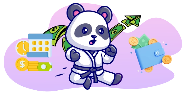 A karate-kicking panda cartoon character surrounded by symbols of time management, financial planning, and wealth building.