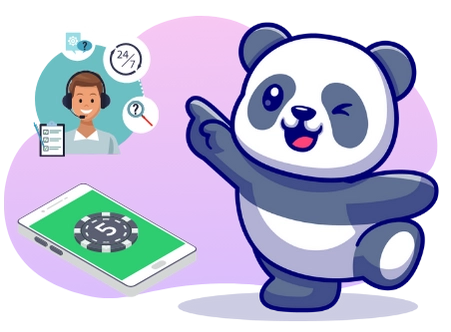 A happy panda cartoon character points towards a smartphone with a casino chip on the screen, while a customer support agent is visible in the background.