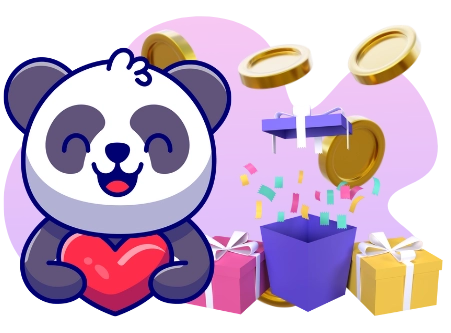 A happy panda cartoon character holding a heart sits near gift boxes with confetti and coins spilling out.