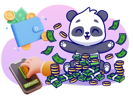 A happy panda cartoon character sits on a pile of coins and money, surrounded by more money and a wallet. A hand is depositing coins into a smartphone.