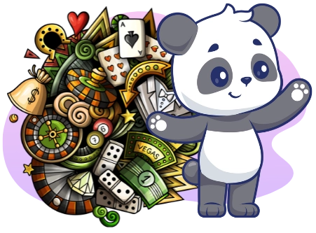 A cute panda cartoon character stands in front of a colorful assortment of casino-themed doodles, including playing cards, dice, roulette wheels, and money.