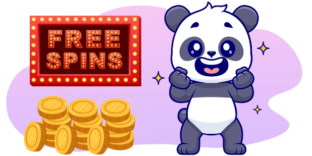 A cartoon panda with its arms raised in excitement stands next to a sign that reads "FREE SPINS" and a stack of gold coins.