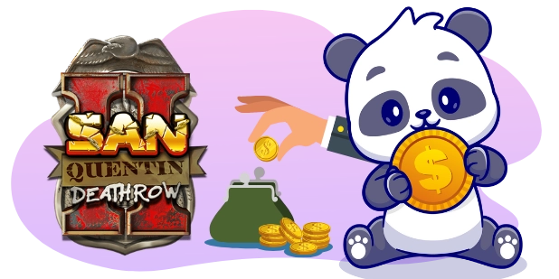 A cartoon panda holds a large coin, with a smaller coin being dropped into a purse, next to a badge-like logo reading "San Quentin Death Row."