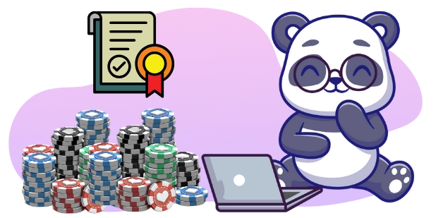 A cute panda wearing glasses and using a laptop, with a certificate and a stack of poker chips, suggesting a focus on licensed and fair online casinos.