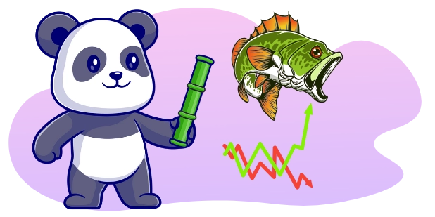 A cartoon panda holds a bamboo stalk next to a jumping bass fish with upward trending graphs, suggesting growth or positive market trends.