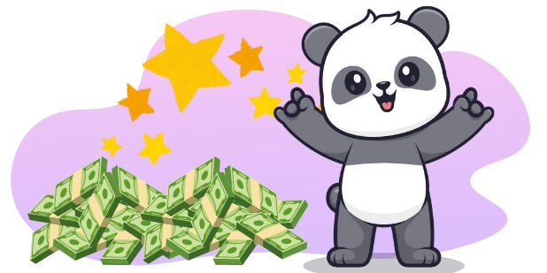 A cartoon panda stands with arms raised in excitement, next to a large pile of money and surrounded by shining stars.