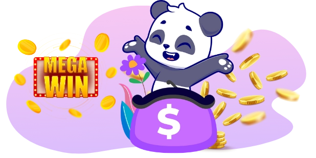 A cartoon panda sits in a money bag with coins falling around it, with the text "MEGA WIN" displayed nearby.