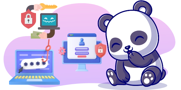 A smiling panda cartoon character sits next to a secure computer, while a hacker attempts to steal data from another computer with a fishing hook.