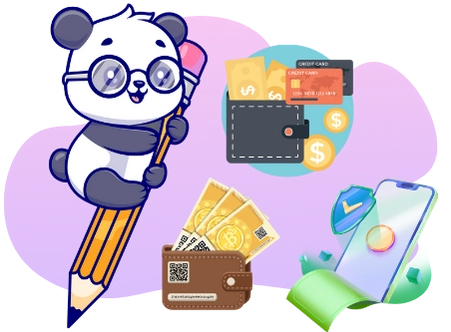 A cartoon panda wearing glasses holds a pencil, with a wallet, credit cards, a smartphone with a shield, and a QR code in the background, suggesting secure and convenient financial transactions.