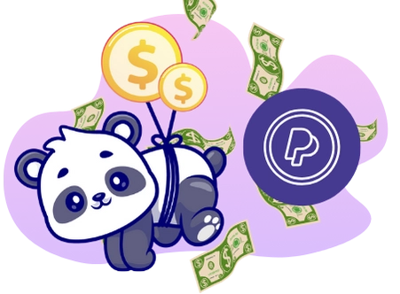 A cute panda cartoon character is tied to dollar sign balloons, with a PayPal logo and dollar bills floating around.