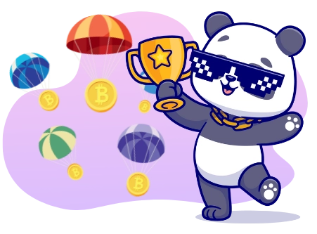 A cool panda cartoon character with sunglasses and a gold chain holds a trophy, surrounded by parachutes carrying Bitcoins.