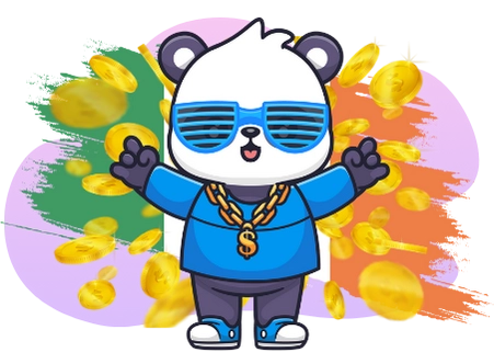 A cool panda cartoon character with sunglasses and a gold chain stands amidst a shower of falling coins, with the Irish flag in the background.