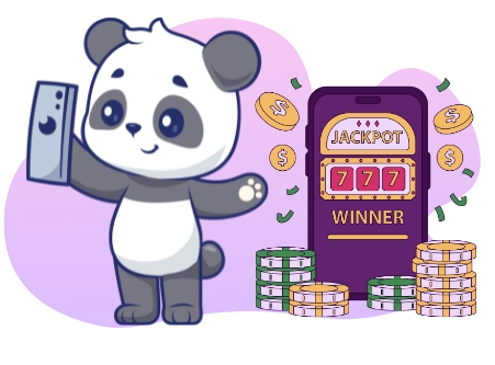 A happy panda cartoon character holds a phone displaying a slot machine with 