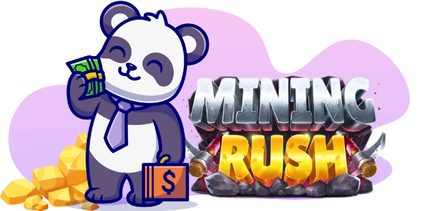 A cartoon panda wearing a tie holds a briefcase and money, standing in front of the "Mining Rush" game logo with gold nuggets scattered around.