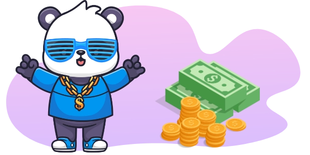 A cool panda wearing sunglasses and a gold chain, standing next to a stack of money.