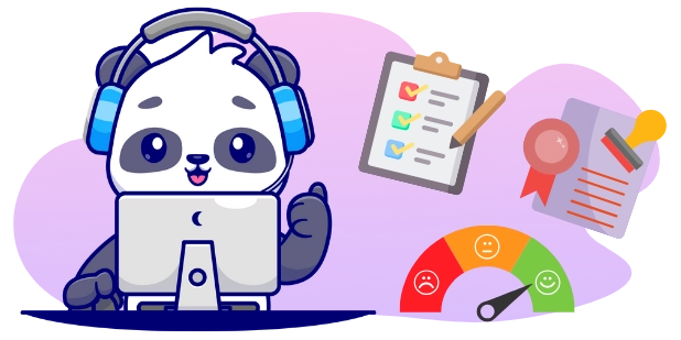 A cartoon panda wearing a headset smiles while using a computer, with a checklist, a certificate, and a customer satisfaction scale in the background, suggesting excellent customer support and service.