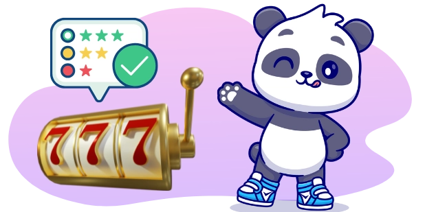 A cartoon panda gives a thumbs-up next to a slot machine displaying "777" with a five-star rating and a checkmark nearby, suggesting a positive and enjoyable gaming experience.