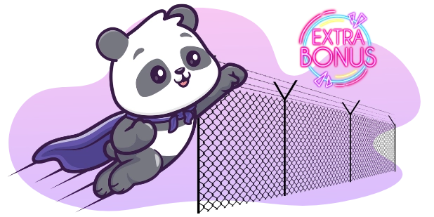 A cartoon panda wearing a cape flies toward a barbed wire fence with a neon sign reading "Extra Bonus."