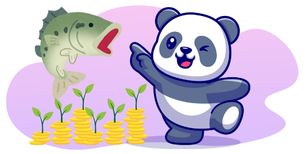 A winking cartoon panda gestures toward stacks of coins with small plants growing out of them, with a jumping fish in the background.