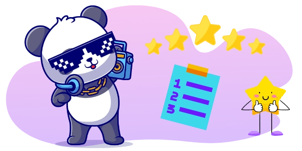 A cool panda cartoon character with sunglasses and a boombox stands next to a checklist and a smiling star giving a thumbs up, surrounded by more stars.