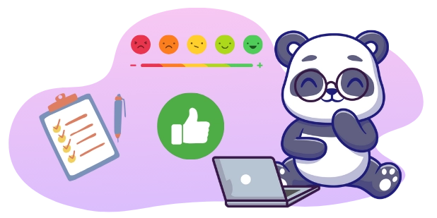 A smiling panda cartoon character wearing glasses sits at a laptop, with a checklist, a thumbs-up icon, and a customer satisfaction scale in the background.