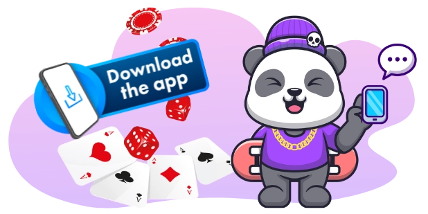 A cool panda cartoon character with a skateboard and gold chain holds a phone, surrounded by playing cards, dice, and a "Download the App" button on a phone.