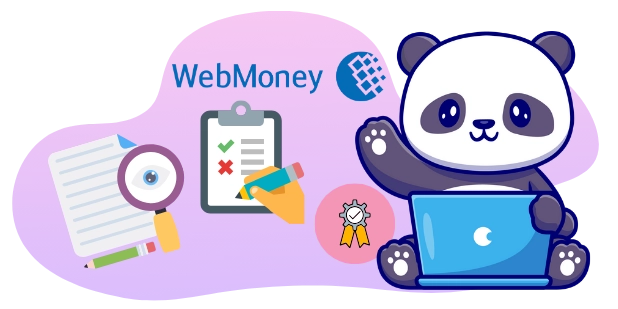 A cute panda cartoon character works on a laptop with the WebMoney logo visible, surrounded by symbols of verification, quality assurance, and document review.