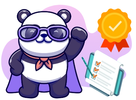 A superhero panda wearing sunglasses and a cape, with a checklist and a gold medal, suggesting a focus on achieving goals and reaching success.