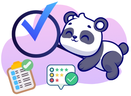 A cartoon panda looking peaceful with a checklist, a five-star rating, and a large checkmark in the background, suggesting satisfaction and positive feedback.