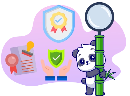 A panda cartoon character holds a magnifying glass while leaning on a bamboo stick, surrounded by symbols of security and trust such as a shield, a certificate, and a stamp.