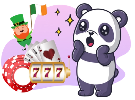 A surprised panda cartoon character looks at a slot machine showing three sevens, with playing cards, casino chips, and a leprechaun holding the Irish flag.