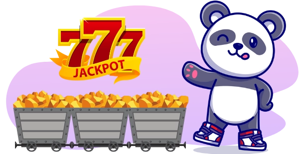 A cartoon panda smiles and points towards three mine carts filled with gold nuggets, with the word "JACKPOT" and the numbers "777" displayed above.