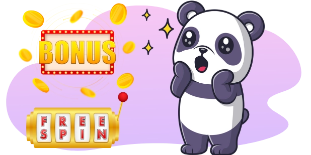 A cartoon panda with wide eyes and hands on its cheeks stands in front of a slot machine displaying "FREE SPIN" and a "BONUS" sign, with coins falling around it.