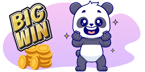 A panda celebrating with arms raised, next to a stack of coins and the words "BIG WIN."