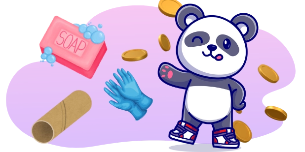 A cartoon panda winks and gestures toward a bar of soap, blue gloves, a toilet paper roll, and falling coins.