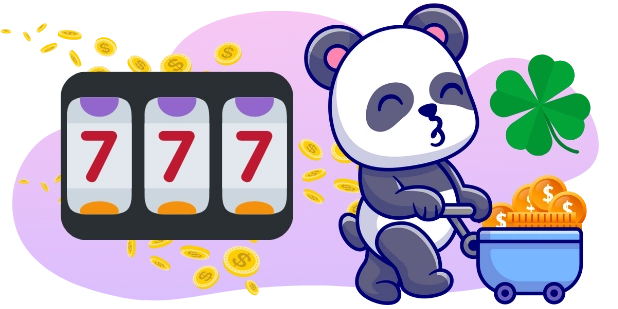 A cartoon panda pushes a wheelbarrow filled with coins, next to a slot machine displaying "777" with coins falling around it and a four-leaf clover in the background, suggesting a lucky win and a rewarding gaming experience.