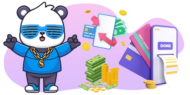 A cool cartoon panda wearing sunglasses and a gold chain stands next to a smartphone with a credit card and a stack of cash, suggesting easy and fast online payments.